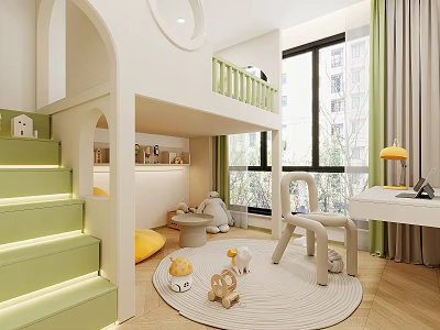 Modern Kids Bedroom With Bunk Bed Green Stairs And Toys 3d model