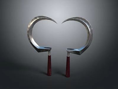 Heart Shaped Curved Metal Blades With Red Handles On Gray Background 3d model