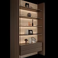 Modern Wooden Shelf Unit With Decorative Items Photo Frames Vases And Books Under Warm Lighting