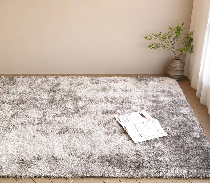 Fluffy Gray And White Square Carpet With Newspaper Vase And Green Plant Nearby 3d model 