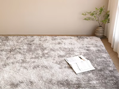Fluffy Gray And White Square Carpet With Newspaper Vase And Green Plant Nearby 3d model