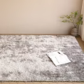 Fluffy Gray And White Square Carpet With Newspaper Vase And Green Plant Nearby