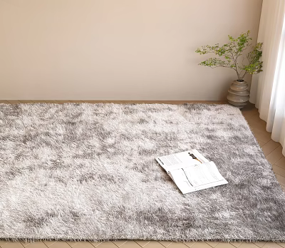 Fluffy Gray And White Square Carpet With Newspaper Vase And Green Plant Nearby 3d model
