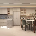 Modern Open Restaurant Kitchen Featuring White Cabinets Marble Countertops Dining Table Chairs And Warm Lighting 3d model