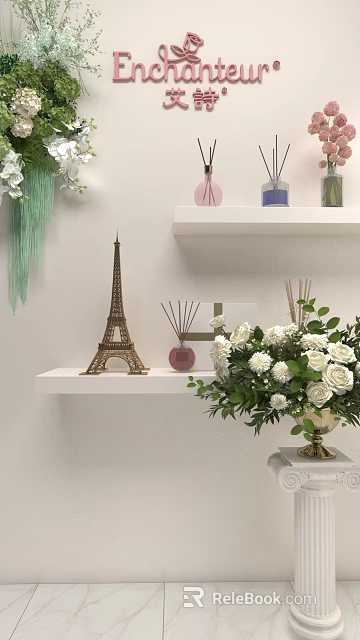 Live Stream Room Decorated with Eiffel Tower Model White Roses Aromatherapy and White Shelves 3d model 