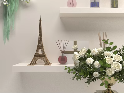 Live Stream Room Decorated with Eiffel Tower Model White Roses Aromatherapy and White Shelves 3d model