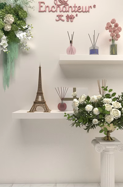 Live Stream Room Decorated with Eiffel Tower Model White Roses Aromatherapy and White Shelves 3d model