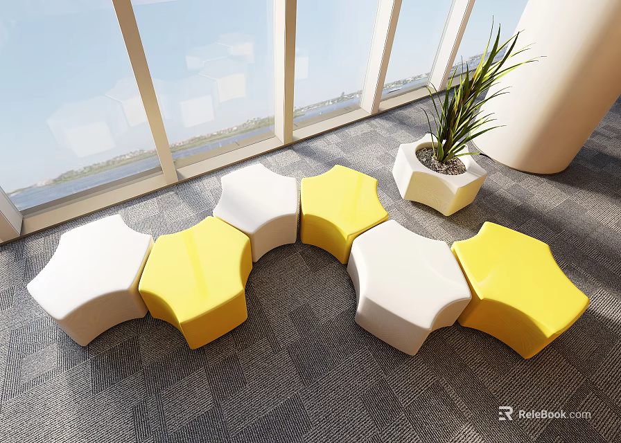 Yellow and White Star Shaped Public Chairs Arranged in Curve with Potted Plant by Large Windows 3d model 