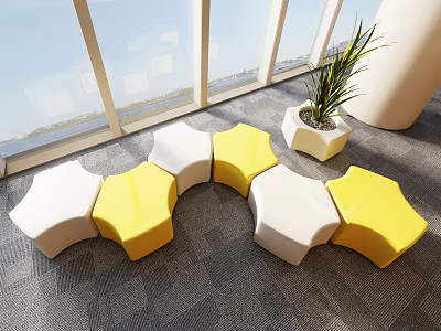 Yellow and White Star Shaped Public Chairs Arranged in Curve with Potted Plant by Large Windows 3d model