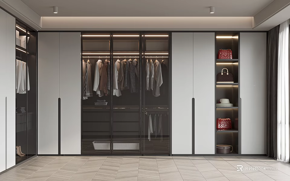 Modern Glass Door Wardrobe Interior With Hanging Clothes Shelves And LED Lighting 3d model 