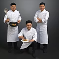 Three Professional Chefs In White Uniforms Crouching Holding Plate Standing With Wok And Arms Crossed
