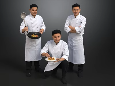 Three Professional Chefs In White Uniforms Crouching Holding Plate Standing With Wok And Arms Crossed 3d model