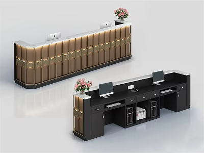 Modern Brown and Black Reception Desks With Golden Accents Computer Monitors and Pink Flower Vases 3d model