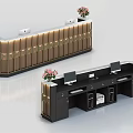 Modern Brown and Black Reception Desks With Golden Accents Computer Monitors and Pink Flower Vases