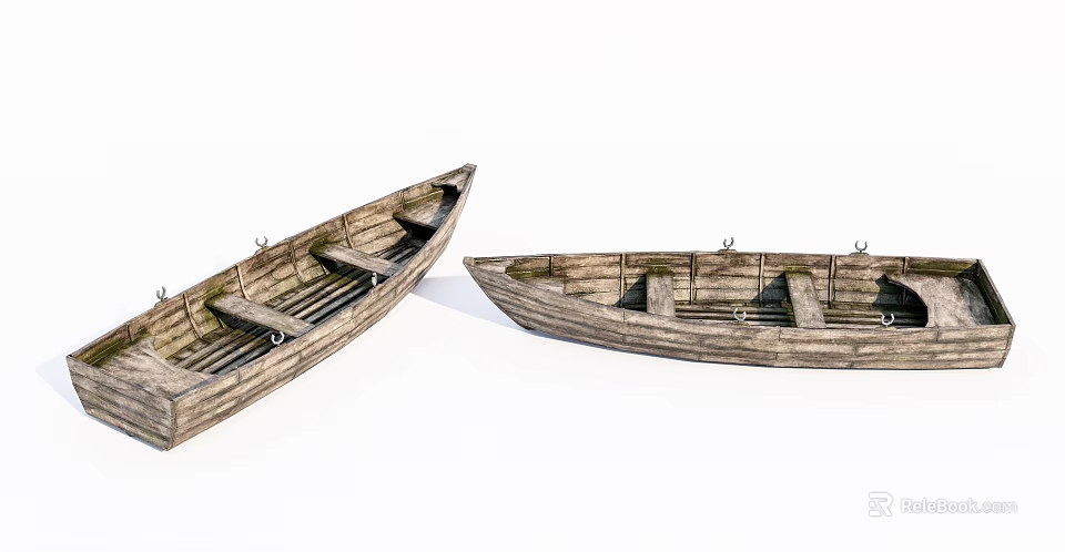 Two Vintage Wooden Boats With Traditional Plank Structure And Classic Seats 3d model 