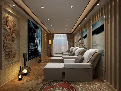 Luxury SPA Sauna Interior With Reclining Chairs Decorative Paintings And Soft Lighting 3d model