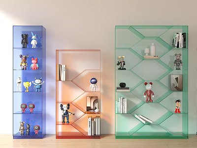 Colorful Transparent Display Cabinets With Toys Books And Decorative Items 3d model