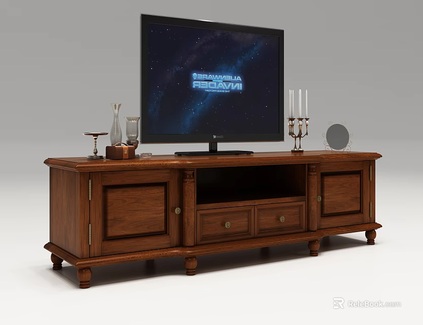 Solid Wood TV Stand With Drawers Cabinet Doors And Decorative Items On Top 3d model 