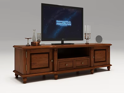 Solid Wood TV Stand With Drawers Cabinet Doors And Decorative Items On Top 3d model