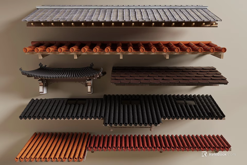 Building Components Featuring Various Roof Tiles With Different Colors And Styles 3d model 