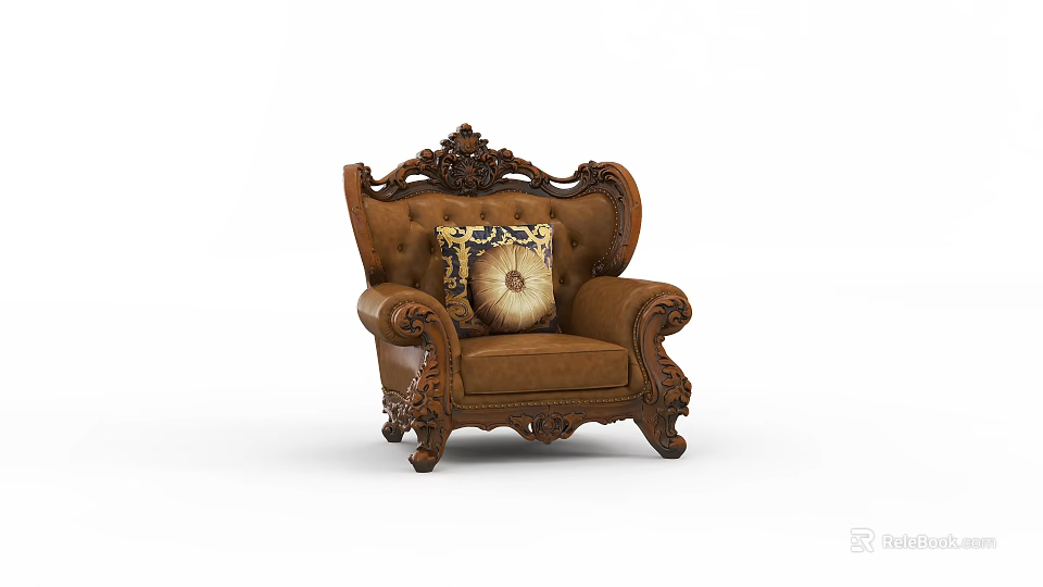Elegant Classical Brown Armchair With Ornate Carved Wooden Frame And Decorative Pillows 3d model 
