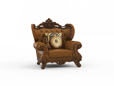 Elegant Classical Brown Armchair With Ornate Carved Wooden Frame And Decorative Pillows 3d model