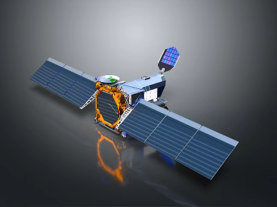 3D Satellite Model With Solar Panels Orange Silver Body And Communication Antenna 3d model