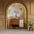 Elegant Brown Entryway Side Cabinet With Drawers Doors Decorative Items And Plant Pattern Wallpaper