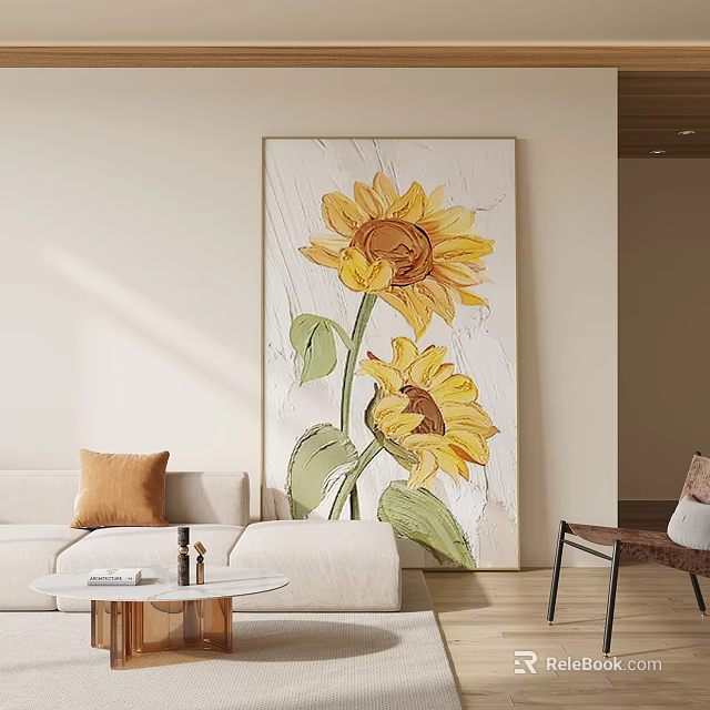 Sunflower Artwork Decorates Cozy Living Room Interior 3d model