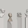 Diverse Sculpture Carvings With Classical Bust Abstract Stone Head Geometric Cube On White Column Pedestals