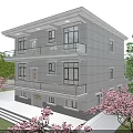 Two Story Detached Villa With Balcony Garage Front Staircase Pink Flowering Trees And Mountain View