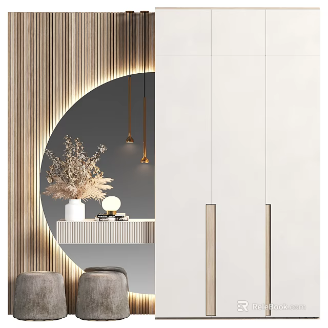 Modern White Wardrobe Design With Gold Handles Round Mirror And Decorative Lighting 3d model 