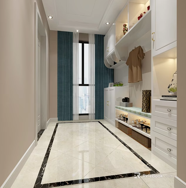 Bright Modern Living And Dining Space With Custom White Storage Cabinets And Polished Marble Floors 3d model 
