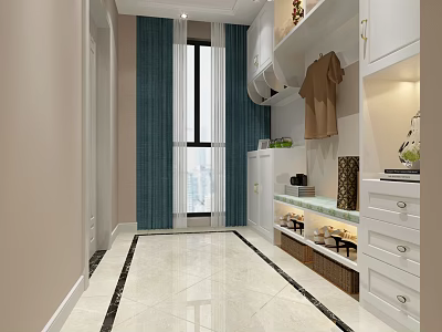 Bright Modern Living And Dining Space With Custom White Storage Cabinets And Polished Marble Floors 3d model
