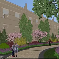 Beautiful Residential Landscape With Beige Building Lush Trees Pink Flowers And Brick Pathway