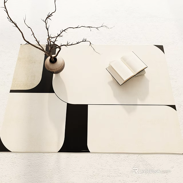 Modern Square Carpet With Vase Open Book And Black White Geometric Pattern 3d model 