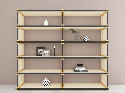 Modern Black And Beige Bookcase With Gold Trim Open Shelves And Decorative Accents 3d model