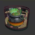 Enchanting Fantasy Scenery with Circular Structure Green Bowl Glowing Lava Wooden Railing and Steps