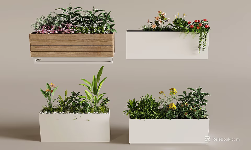 Bonsai Potted Plants With Wooden And White Containers Featuring Various Greenery And Flowers 3d model 