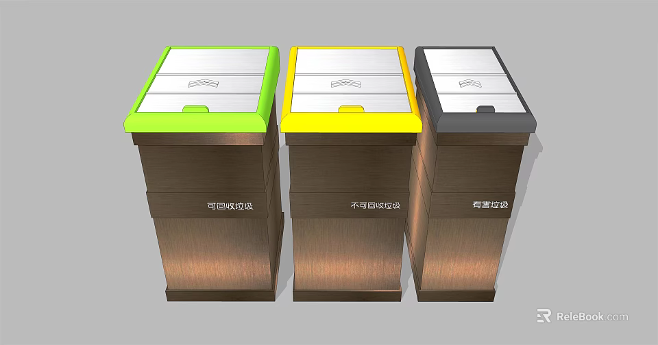 Public Facility Color Coded Trash Bins With Wooden Cabinets And Different Lids 3d model
