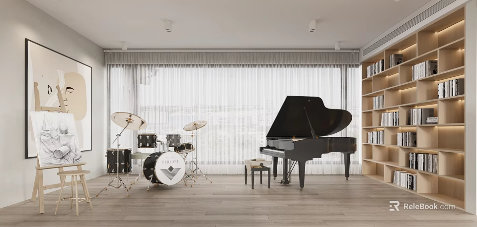 Piano Room Featuring Black Grand Piano Drum Set Wooden Bookshelves Light Curtains And Wooden Floor 3d model 