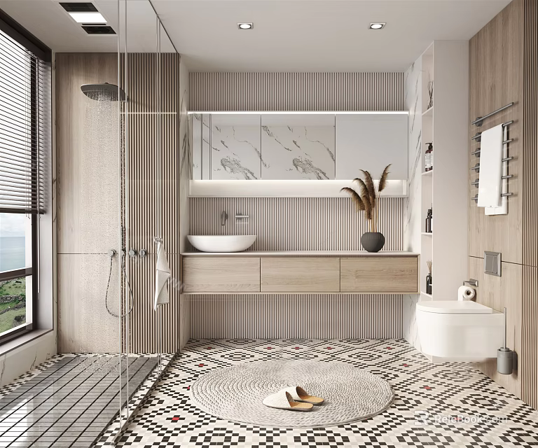 Modern Bathroom Interior Design With Shower Vanity Marble Countertop Wooden Cabinets And Geometric Tiled Floor 3d model 