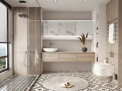 Modern Bathroom Interior Design With Shower Vanity Marble Countertop Wooden Cabinets And Geometric Tiled Floor 3d model