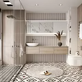 Modern Bathroom Interior Design With Shower Vanity Marble Countertop Wooden Cabinets And Geometric Tiled Floor
