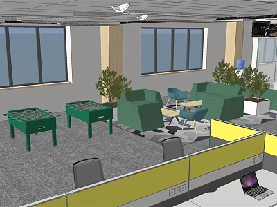 Modern Public Office Area With Cubicles Sofas Green Plants Tables And Windows 3d model