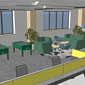 Modern Public Office Area With Cubicles Sofas Green Plants Tables And Windows