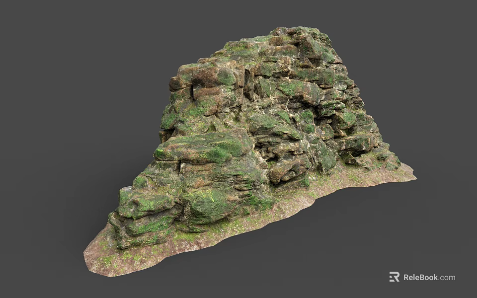 Natural Wood And Stone Layered Structure With Green Moss Cover And Texture 3d model 