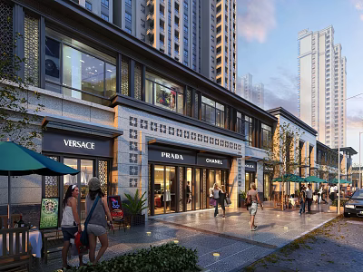 Vibrant Commercial Street with Luxury Brand Stores Pedestrians Outdoor Seating and Modern Buildings 3d model