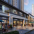 Vibrant Commercial Street with Luxury Brand Stores Pedestrians Outdoor Seating and Modern Buildings