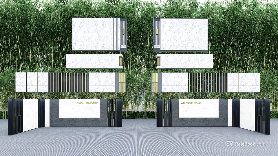 Modern Landscape Wall Design With Marble Panels And Bamboo Backdrop 3d model